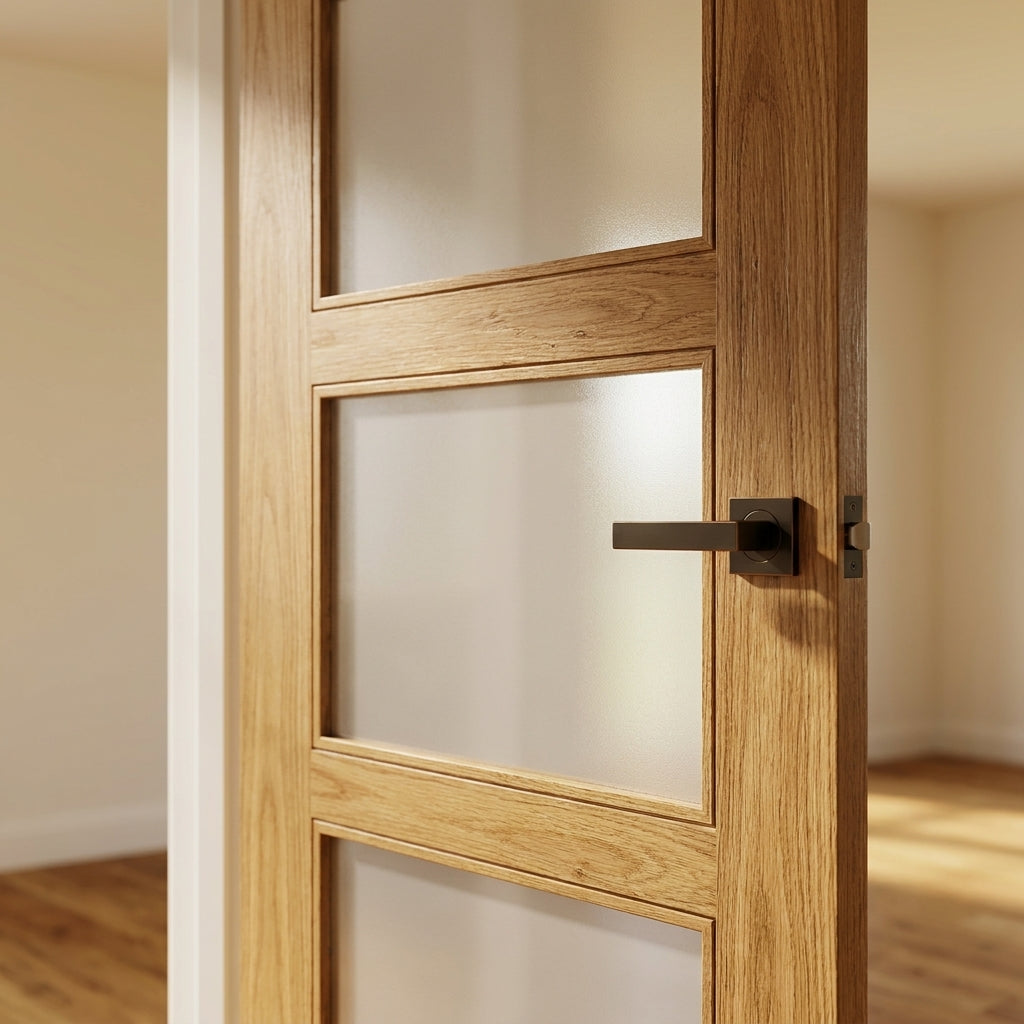 Internal Oak FD30 Fire Door with Unfinished Shaker Design and 4 Light Obscure Glass - detail view