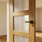 Internal Oak FD30 Fire Door with Unfinished Shaker Design and 4 Light Obscure Glass - detail view