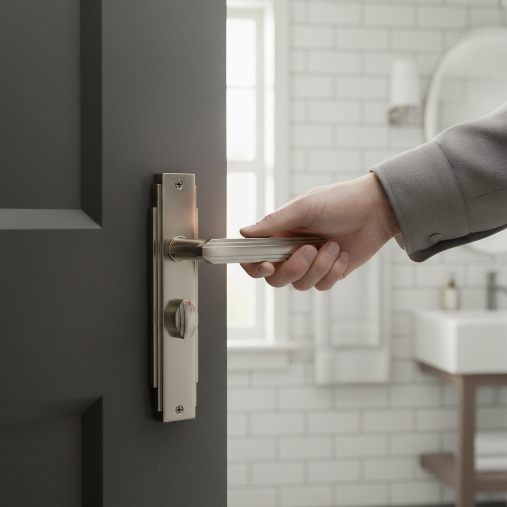 Premium Satin Nickel Bathroom Lock Handle with Straight Lever Design and 10 Year Guarantee