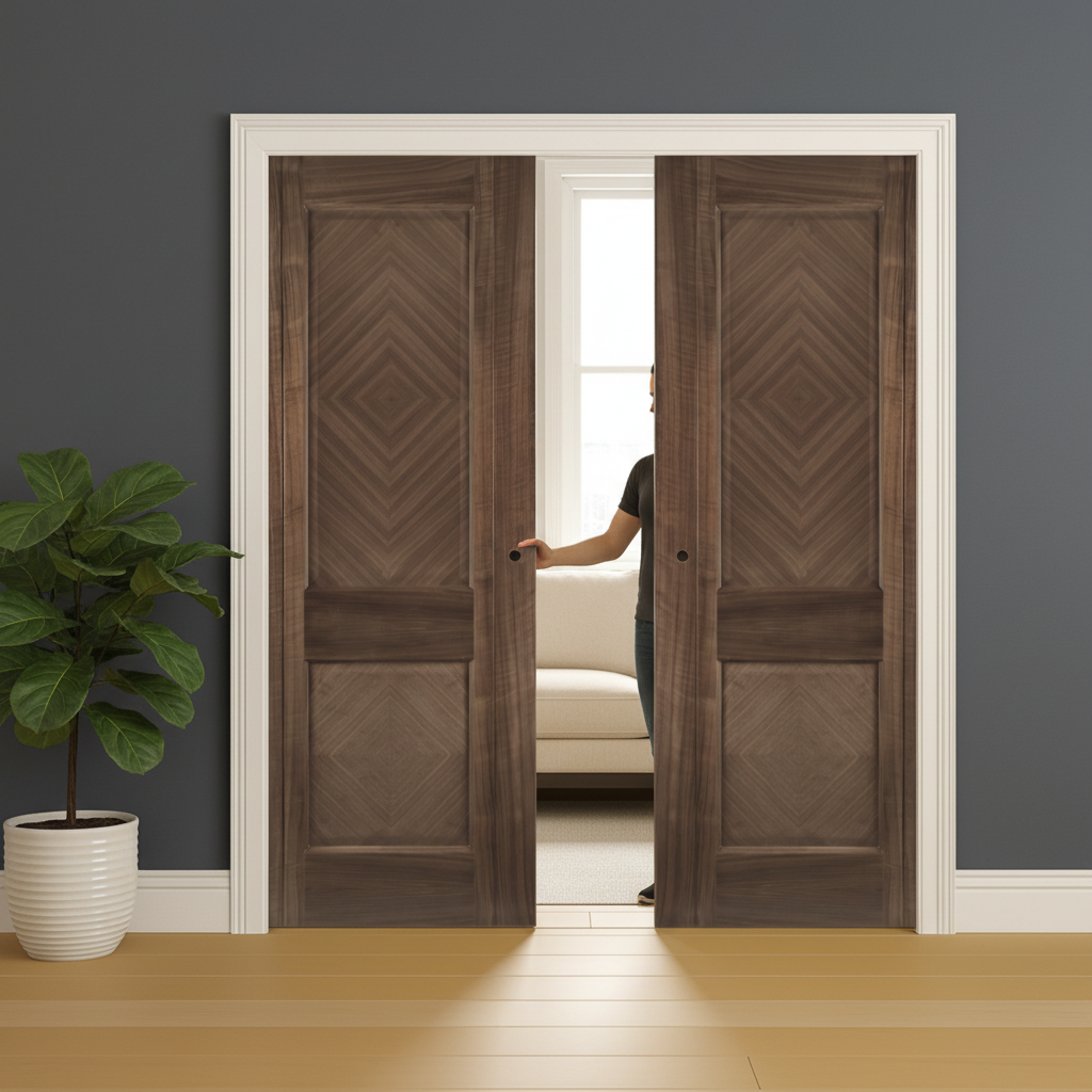 Premium Walnut Double Pocket Door Set with Galvanised Steel Frame and Soft Door Closers - Pre-Finished and Ready to Install
