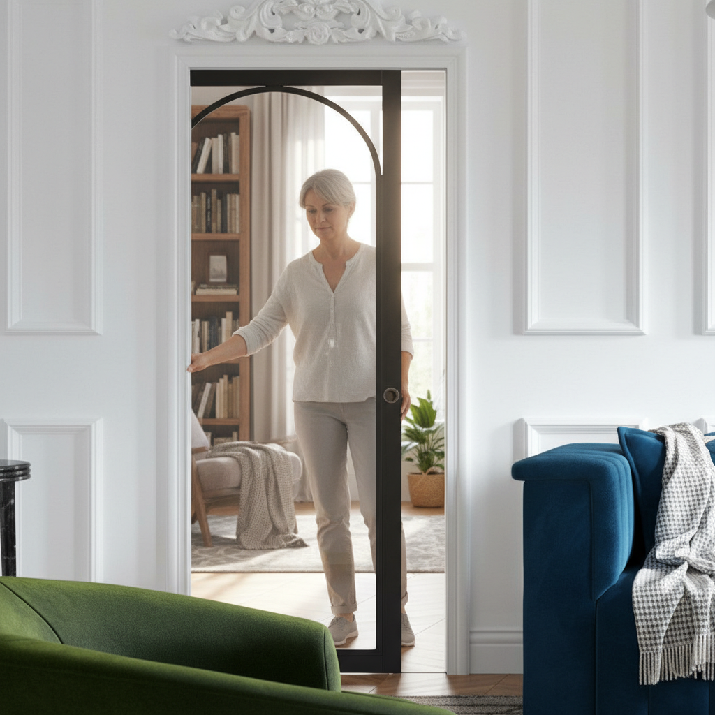 Premium Clear Glazed Arched Pocket Door System with Galvanised Steel Frame and Fully Finished Door for Maximum Light