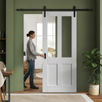 Premium Internal White Primed Victorian 2 Panel Sliding Door Set with Clear Glass and Modern Black Steel Track System - Image 2
