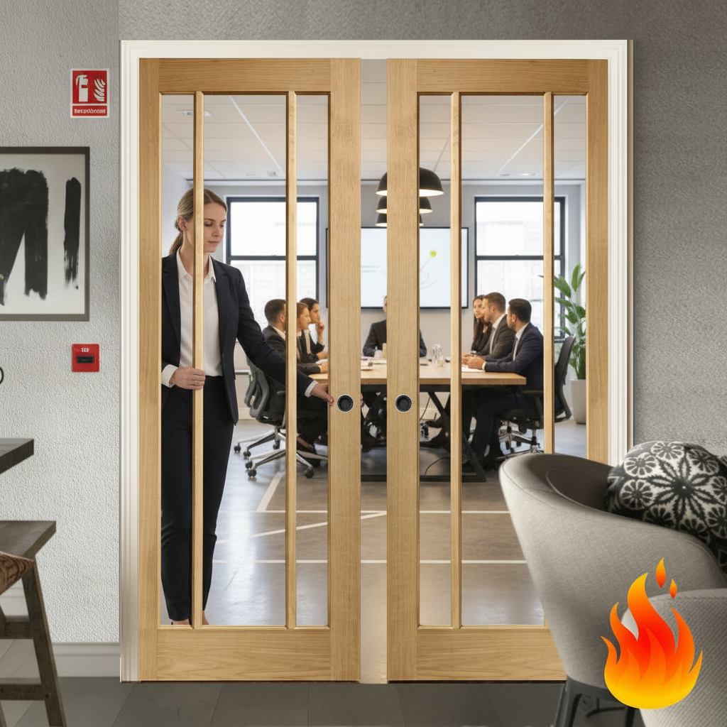 Premium Double Fire Rated Pocket Door Set with Clear Glazed Design and High-Density Fire-Resisting Frame
