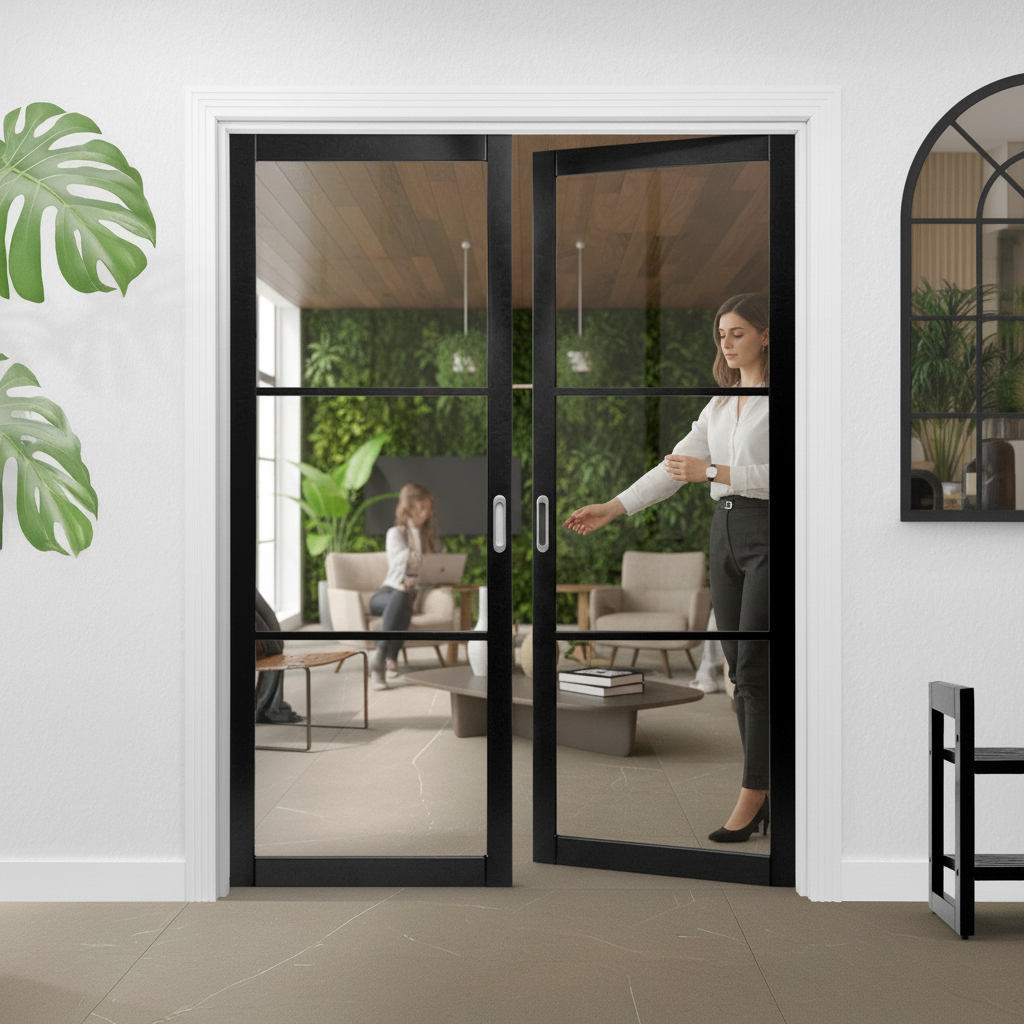 Premium Internal Primed Industrial 2.0 Lifestyle Clear Glass Door Pair with Three Panels and Robust 35mm Thickness for Modern Spaces