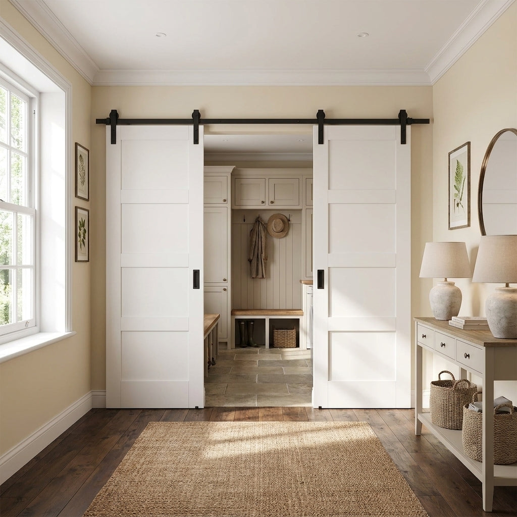 Internal White Primed Shaker 4 Panel Bypass Sliding Door with Black Face Mount