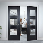 Premium Glazed Black Double Pocket Door Set with Galvanised Steel Frame, Adjustable Runners, and 15-Year Guarantee