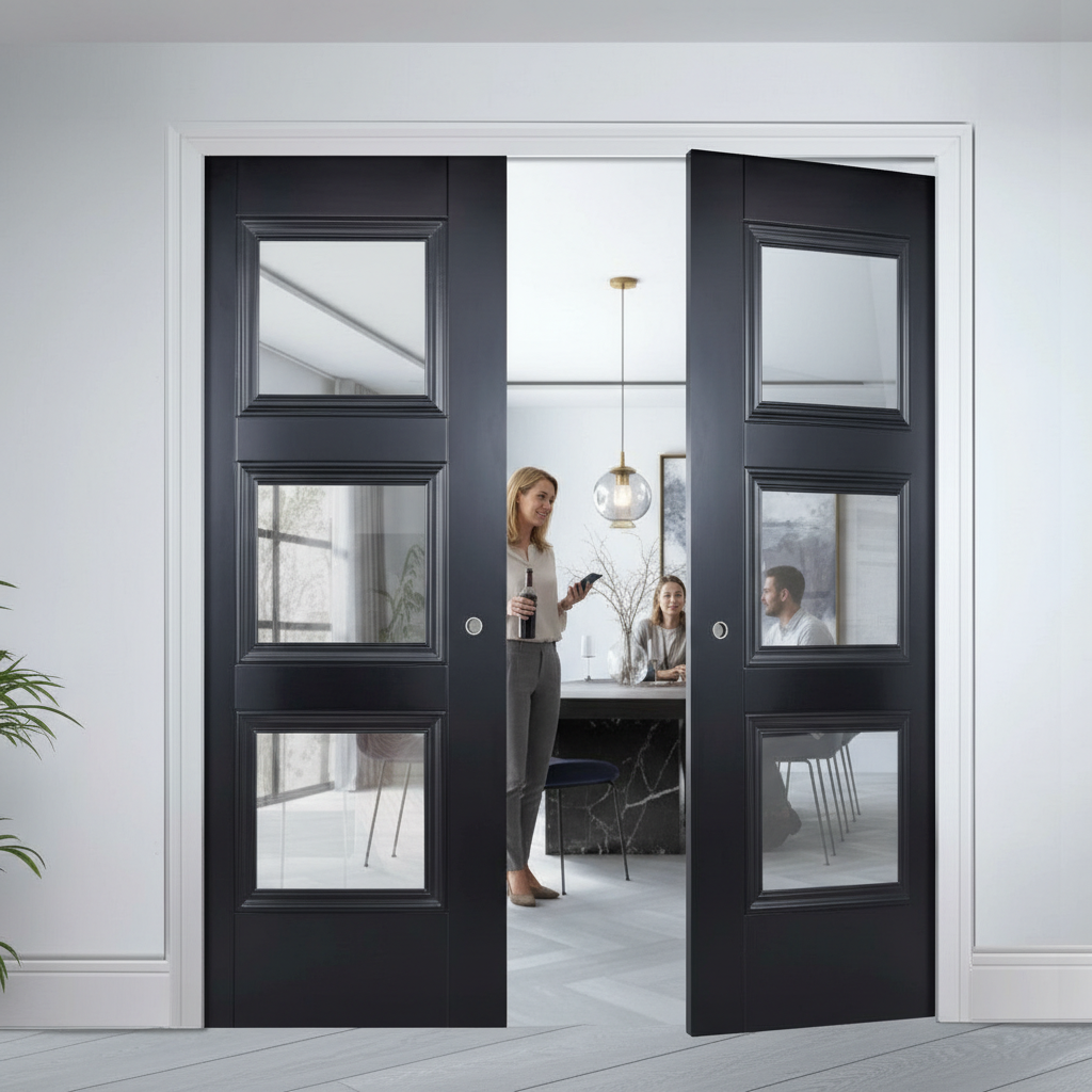 Premium Glazed Black Double Pocket Door Set with Galvanised Steel Frame, Adjustable Runners, and 15-Year Guarantee