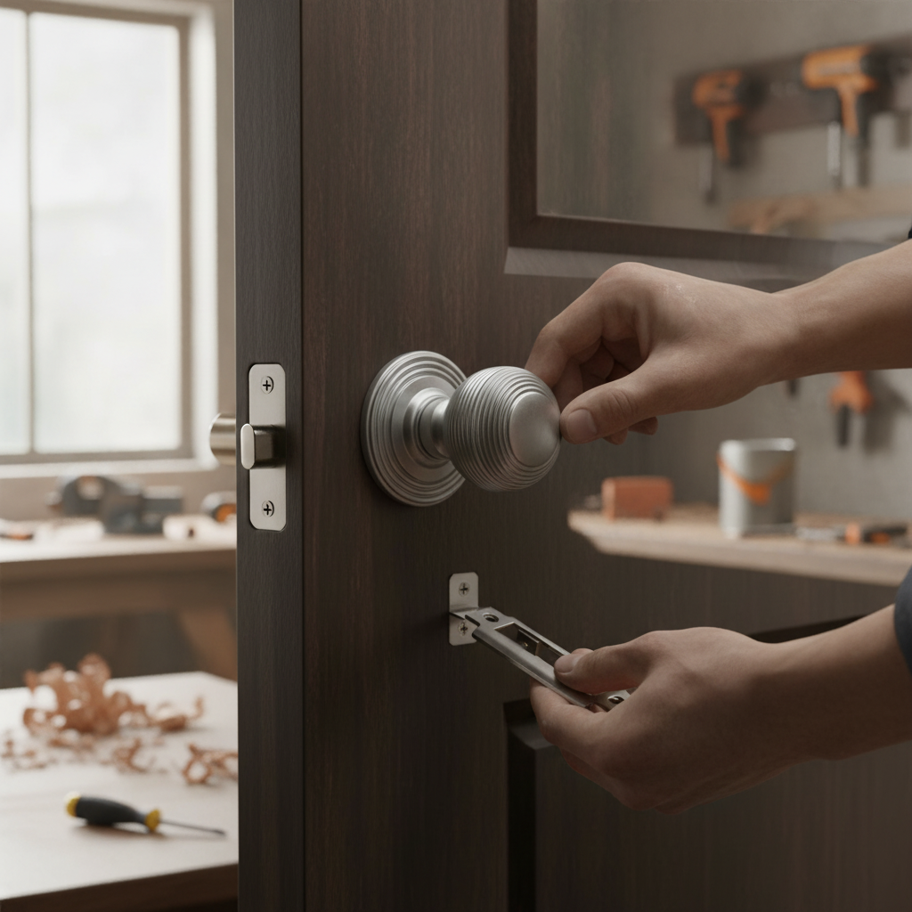 Premium Round Reeded Mortice Bathroom Door Knob Set with Satin Chrome Finish, Ball Bearing Hinges, and Dedicated Lock for Privacy