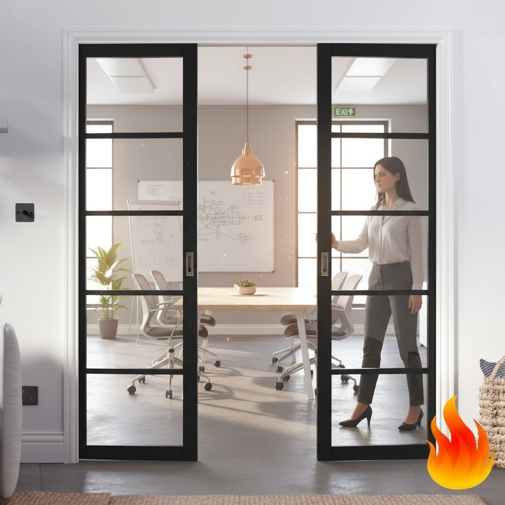 Premium Extra Slim Fire Rated Double Pocket Door System with Custom-Made Fire Doors and Galvanised Steel Frame