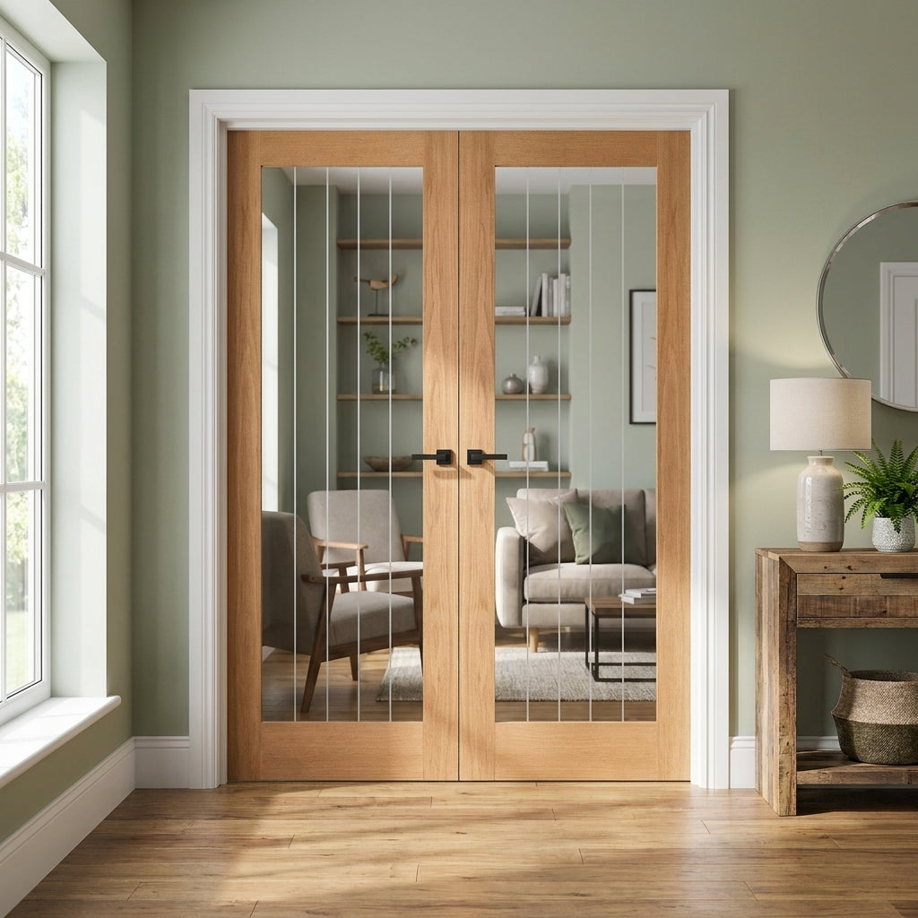 Internal Oak French Door Fully Finished 1 Light Obscure Glazing