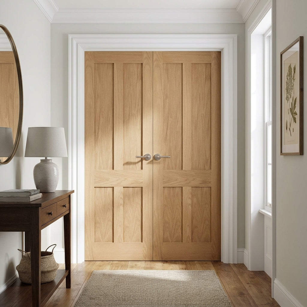 Internal Oak Victorian 4 Panel Flat Pair Door Unfinished Solid Engineered