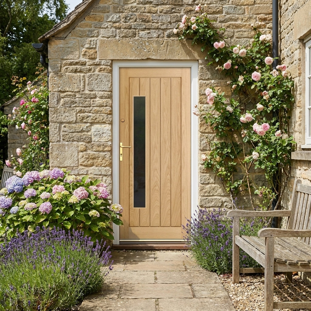 External Oak Door Unfinished with 1 Light Obscure Glazing and Double Offset