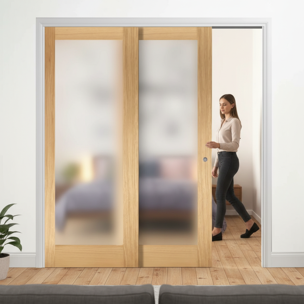 Premium Telescopic Pocket Door System with Frosted Glass Panels, 100 kg Capacity and Complete Wooden Jamb Kit for Modern Spaces