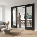 Premium Clear Glazed Brushed Black Oak Single Door Room Divider with Side Panel for Elegant Space Transformation