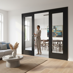 Premium Clear Glazed Brushed Black Oak Single Door Room Divider with Side Panel for Elegant Space Transformation