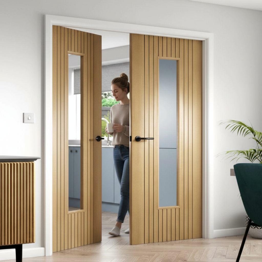Premium Clear Glazed Internal Fluted Door Pair with Oak Effect and Durable Laminate Finish