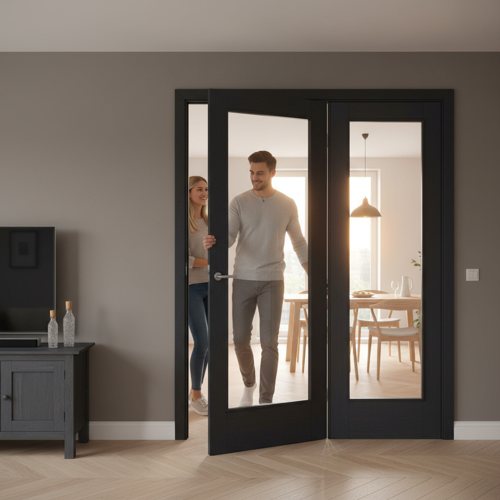 Premium Clear Glazed Brushed Black Oak Single Door Room Divider with Side Panel for Elegant Space Transformation