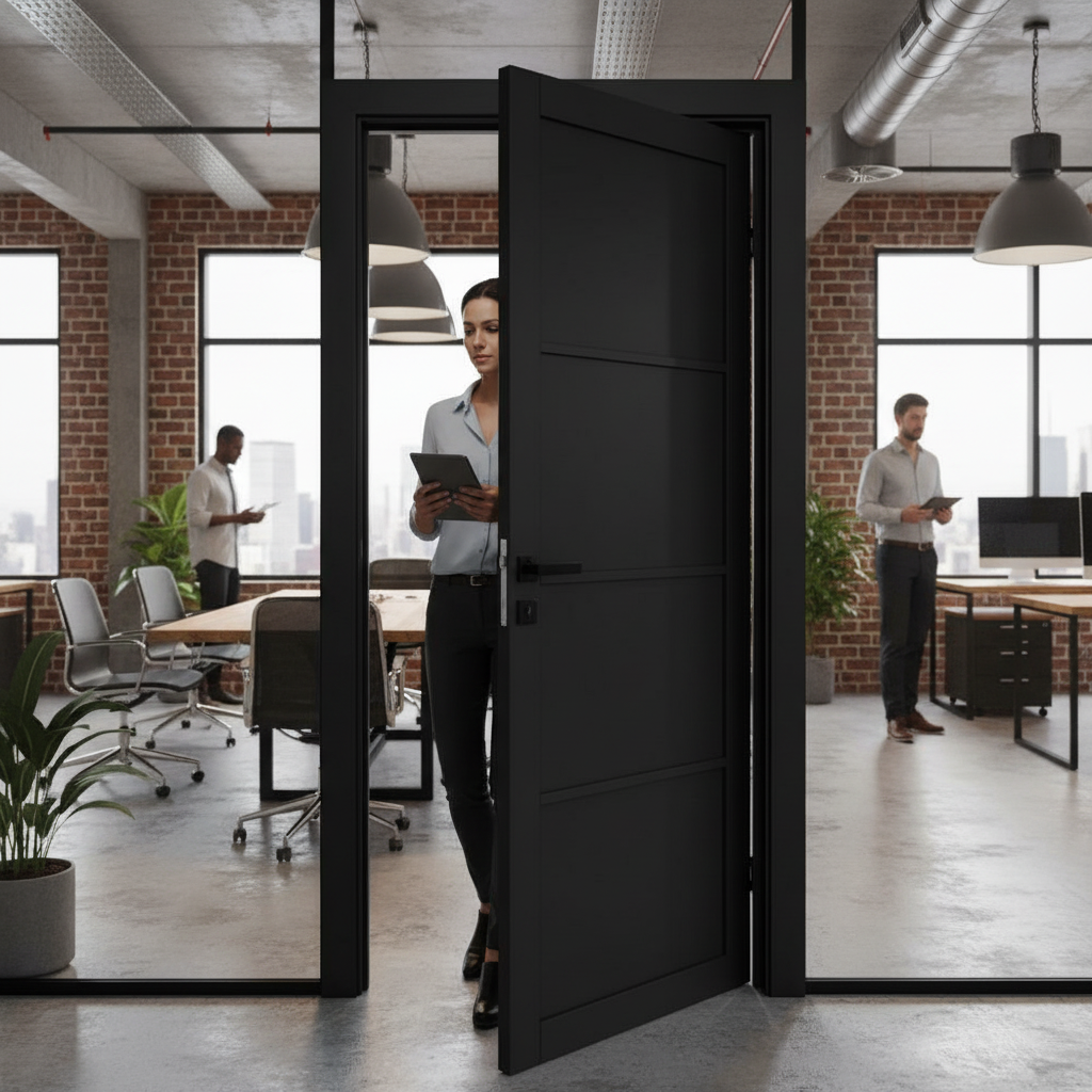 Premium Fully Finished 4 Panel Internal Industrial Studio Door in Jet Black - Durable Timber Construction for Modern Interiors - Image 2
