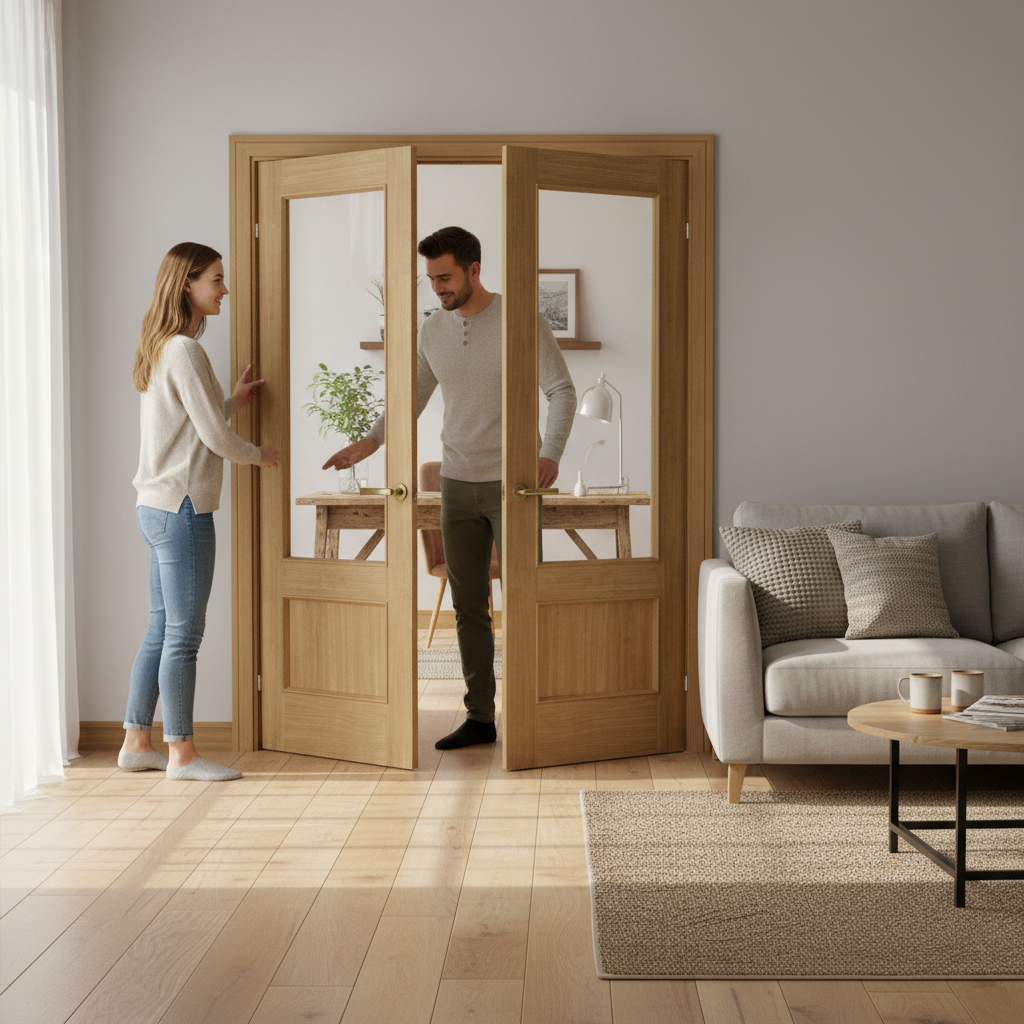 Premium Oak Murcia Clear Glazed Door Pair - Fully Finished with Raised Mouldings and Clear Tempered Glass