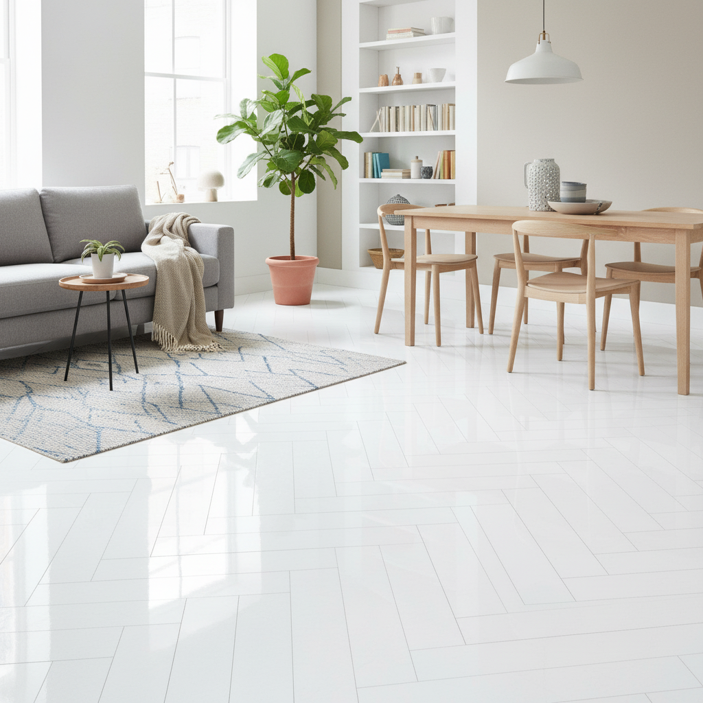 Premium 6mm High Gloss Luxury Vinyl Flooring in White Herringbone Design with Water-Resistant Features for Modern Spaces
