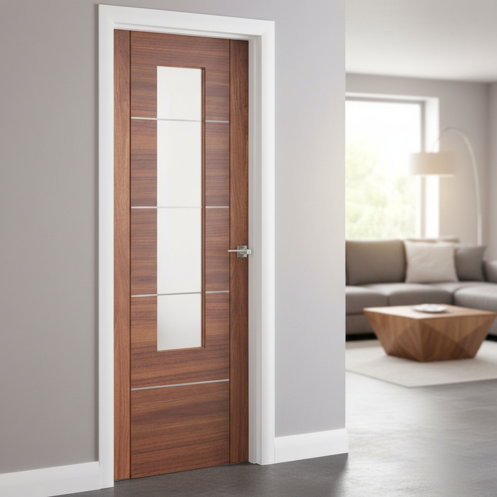 Premium Internal Fully Finished Walnut Glazed Door with Clear Etched Safety Glass and Real Aluminium Inlays for Modern Interiors