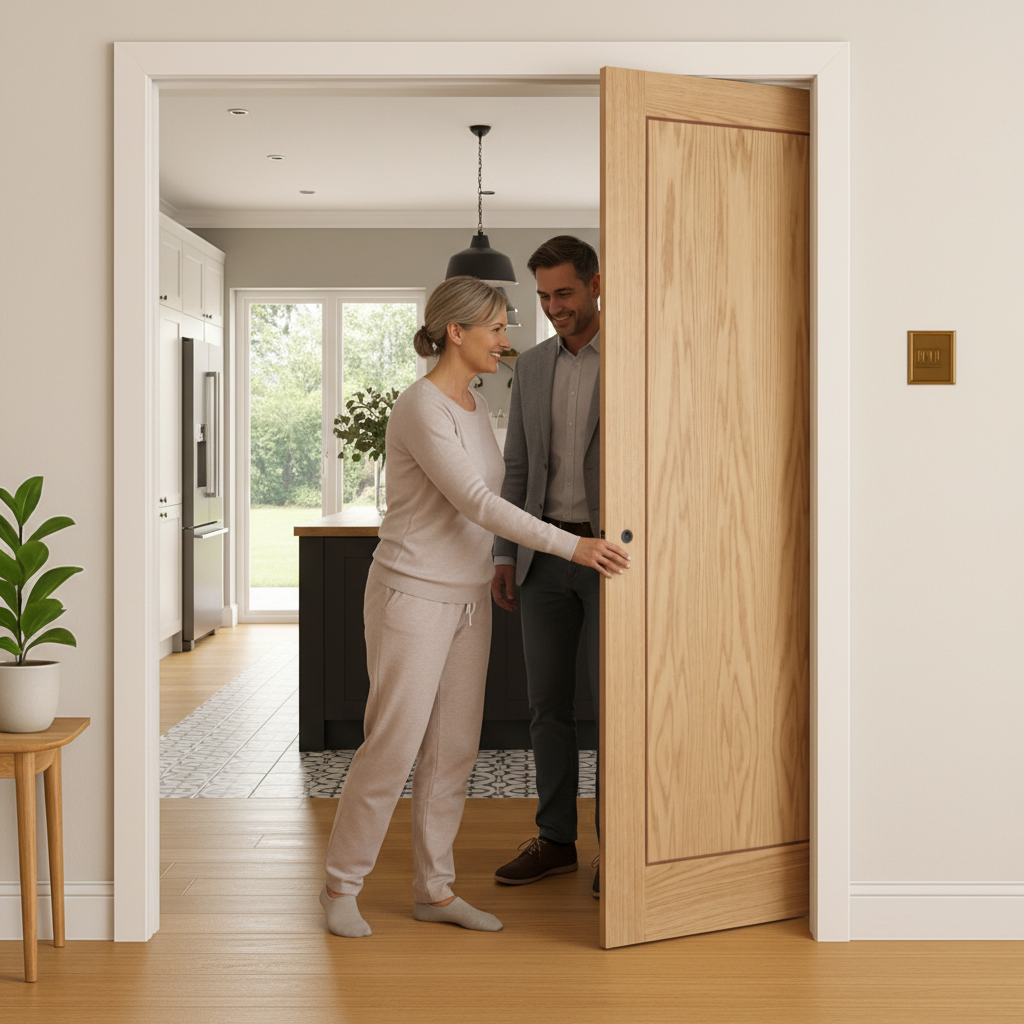 Premium Contemporary Oak Inlay 1P Double Pocket Door Set with Galvanized Steel Frame and Adjustable Jambs for Modern Spaces