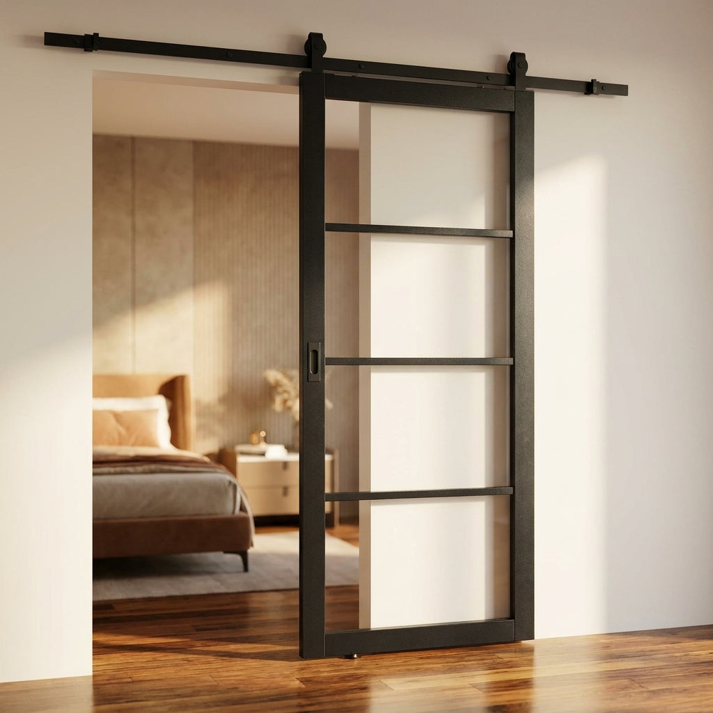 Internal Sliding Door with 4 Light Clear Glass, Primed Finish, Black Top Mount - detail view