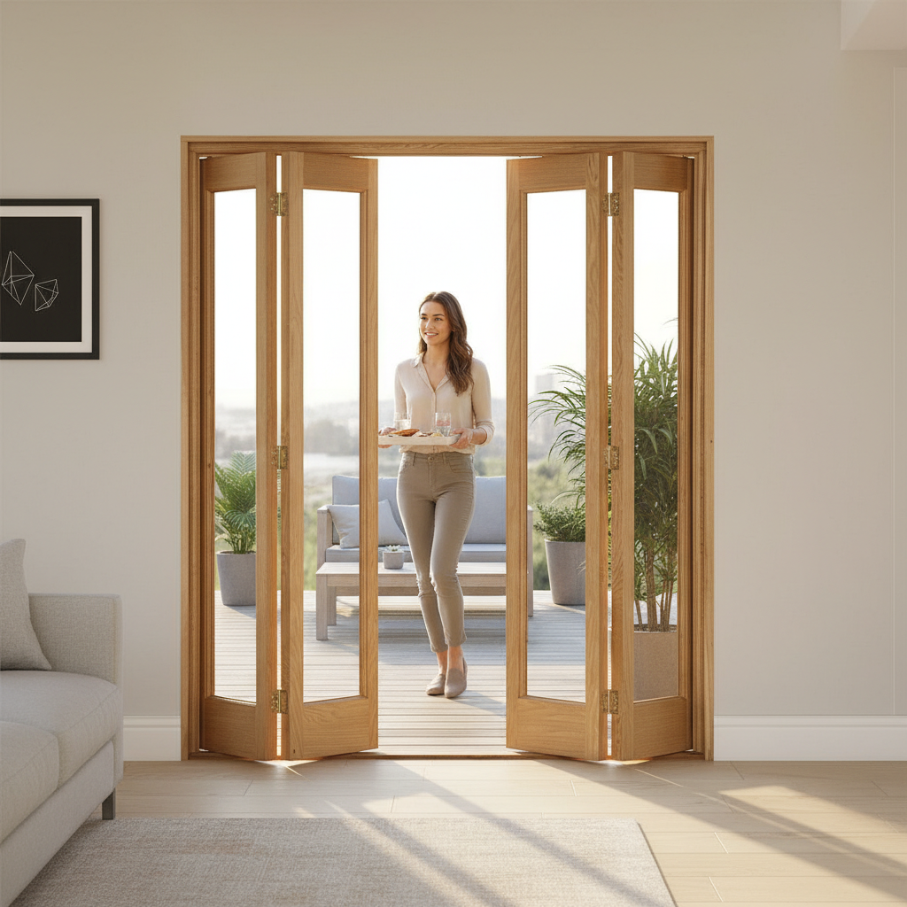 Premium Clear Glazed Bi-Folding Door Set - 4 Leaf Configuration with High Quality Hardware and Matching Frame