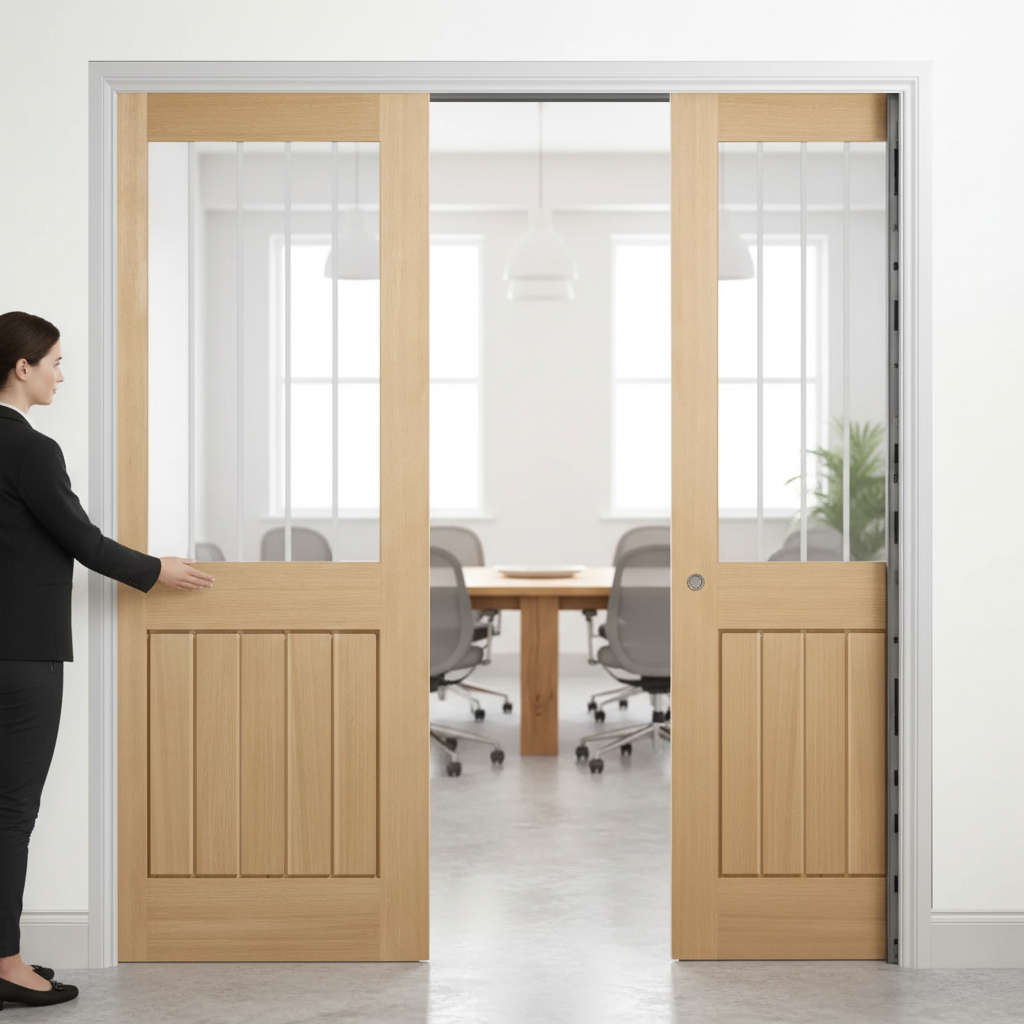 Premium Telescopic Pocket Door System with Glazed Panel for Modern Spaces - High-Quality Professional Grade for Industrial and Commercial Applications