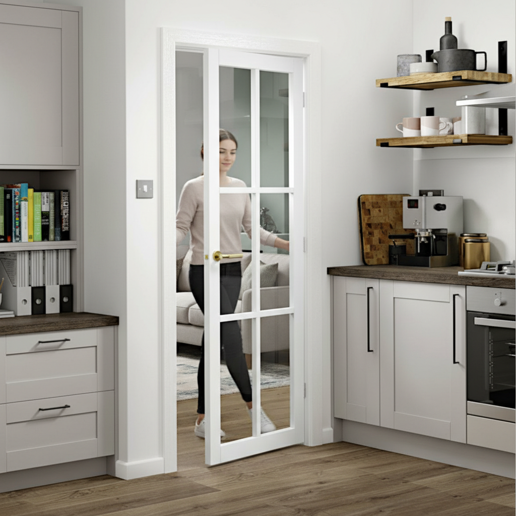 Premium Contemporary Internal Door with Clear Flat Safety Glass and Solid Framing for Industrial Style Interiors