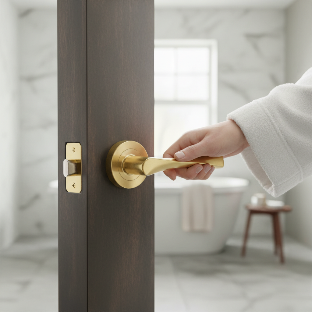 Round Rose Lever Door Bathroom Handle Set with Satin Brass Finish, Privacy Latch, and Ball Bearing Hinges - Image 2