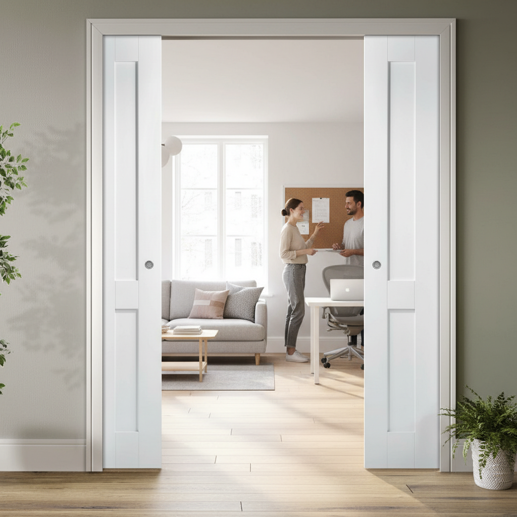 Premium 4 Panel White Double Pocket Door Set with Galvanised Steel Frame and Adjustable Jambs for Elegant Space-Saving Solutions