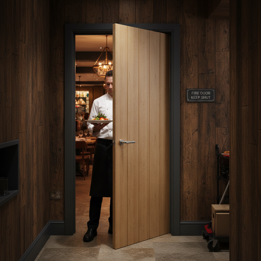 Premium Custom Made Oak Fire Door with Solid Core and Bevel-Cut Panels for Exceptional Strength and Style