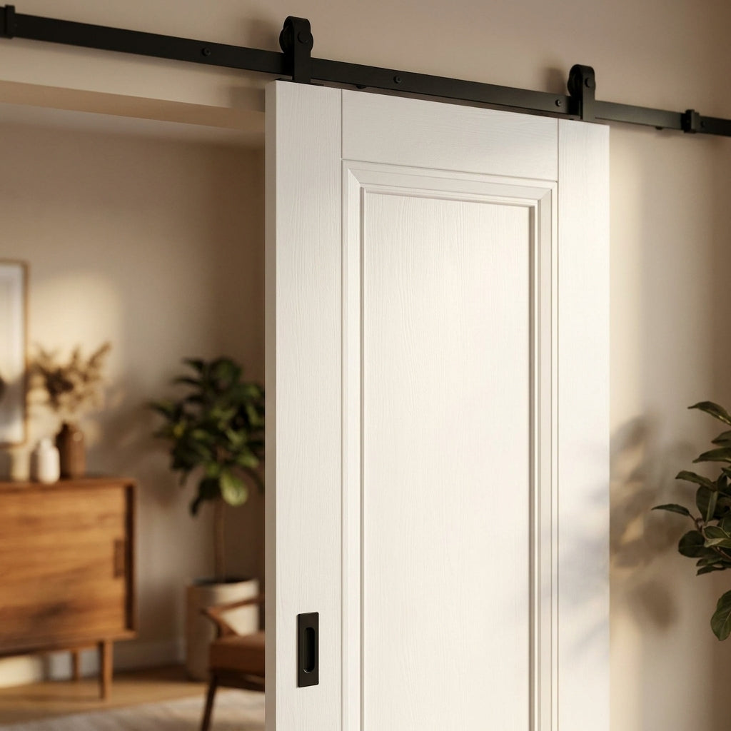 Internal Sliding Door White Primed Elegance Lancaster 1 Panel with Black Top Mount - detail view