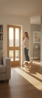 Premium Clear Glazed Fully Finished Internal Oak Door with Decorative Safety Glass and Raised Mouldings