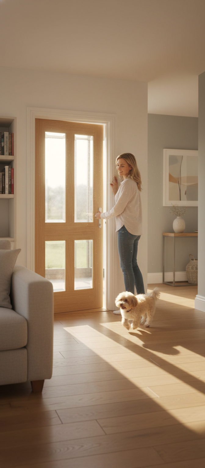 Premium Clear Glazed Fully Finished Internal Oak Door with Decorative Safety Glass and Raised Mouldings