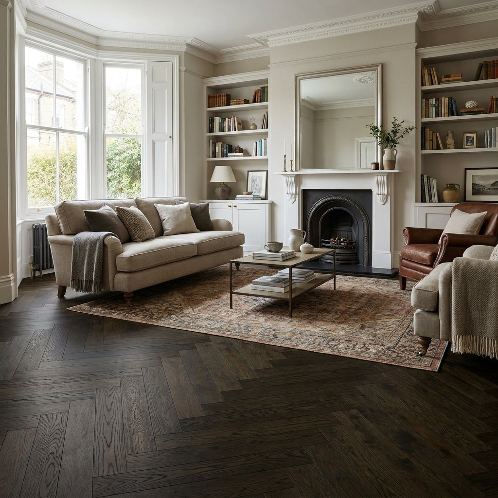 Solid Wood Flooring Dark Oak 18mm Brushed and Oiled Herringbone Design