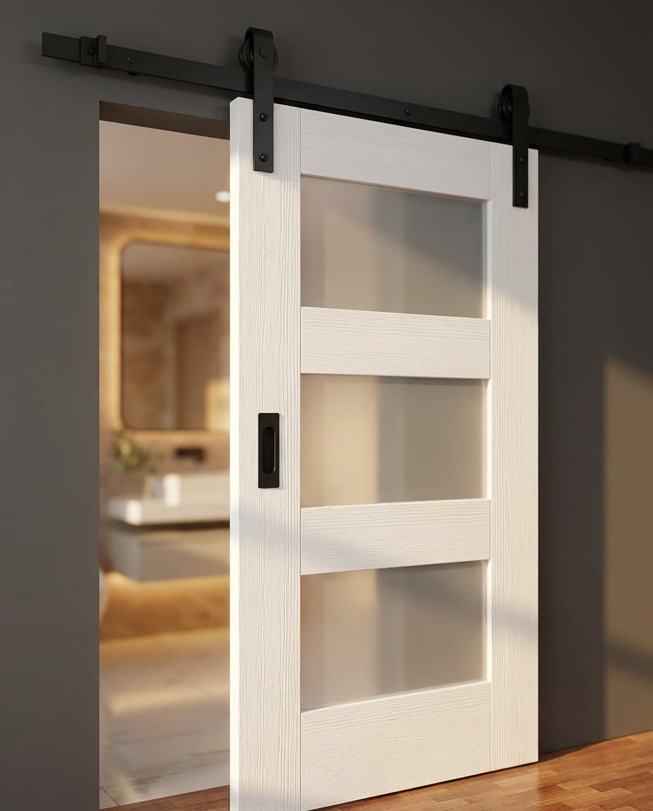 Internal White Sliding Door with 4 Light Obscure Glass, Primed Finish - detail view