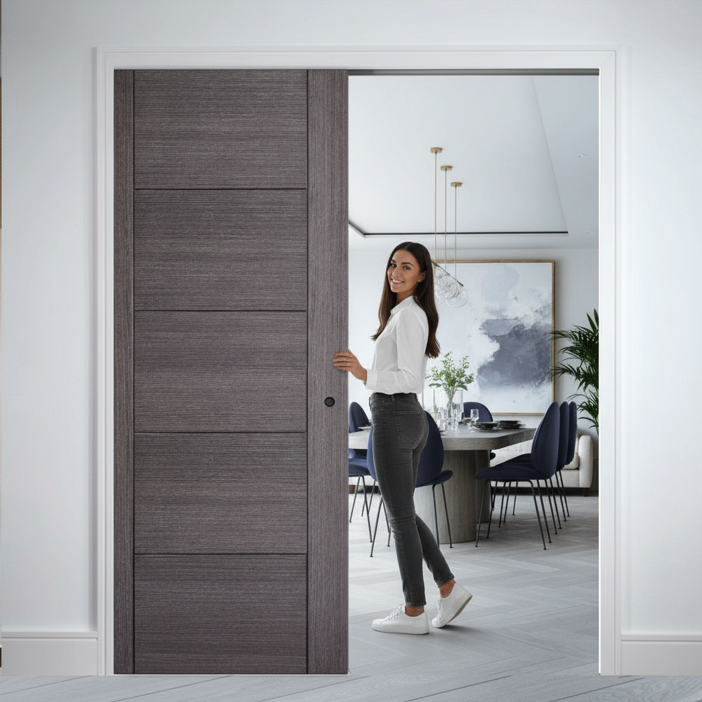 Premium Telescopic Pocket Door System with Ash Grey Finish and Comprehensive Timber Lining Kit for Modern Spaces
