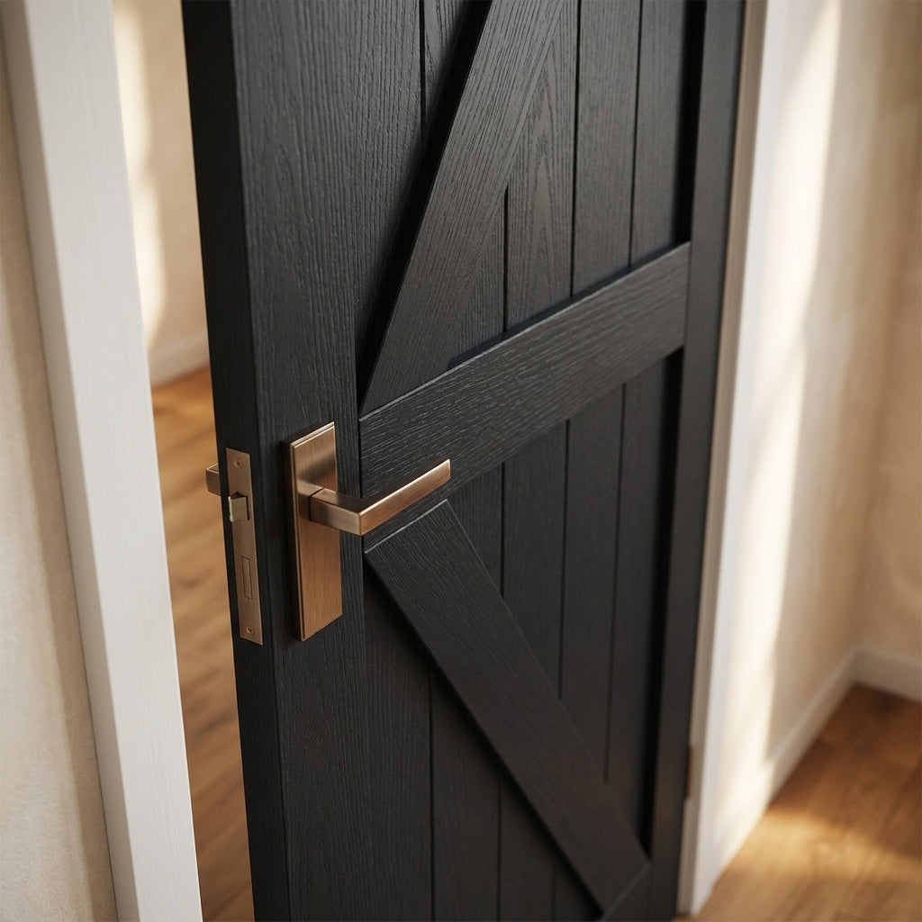 Fully Finished Black Internal Oak Barn Door with Solid Engineered Core - detail view