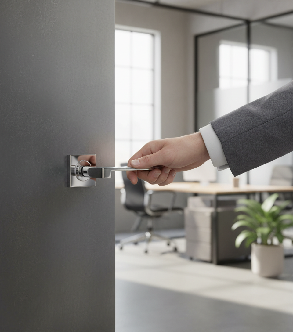 Premium Equi Lever on Square Rose with Matching Square Escutcheons and Bathroom Turn for Enhanced Functionality