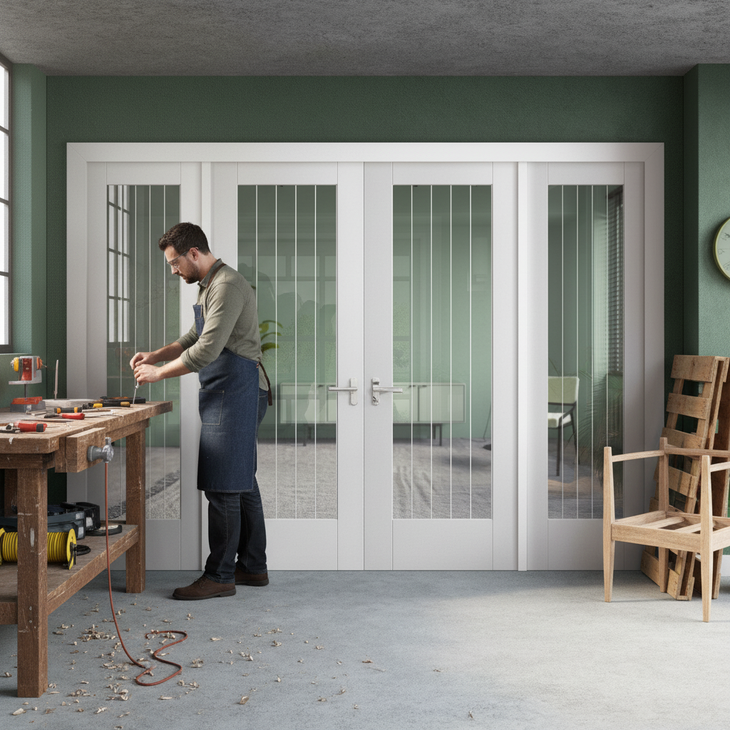 Premium Internal Room Divider Set with Clear Glass and Obscure Lines - Four Cottage Doors and Pre-Primed White Frame for Easy Installation