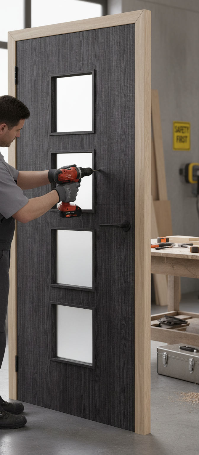 Premium Custom Made Dark Grey Ash Flush Glazed Internal Door with Safety Glass and Solid Core Construction