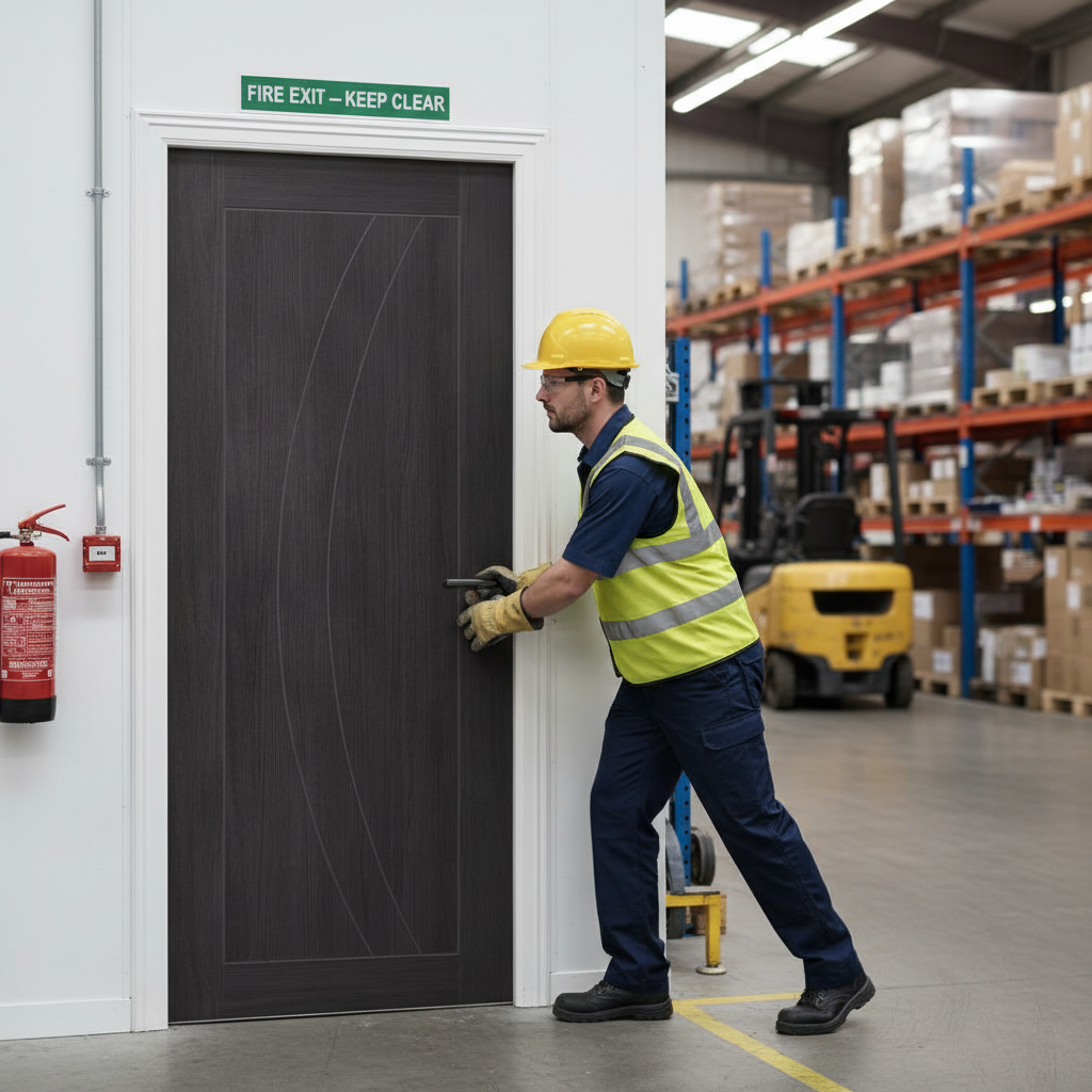 Premium Umber Grey Laminate Fire Door with Curved Grooves and Low Maintenance Finish