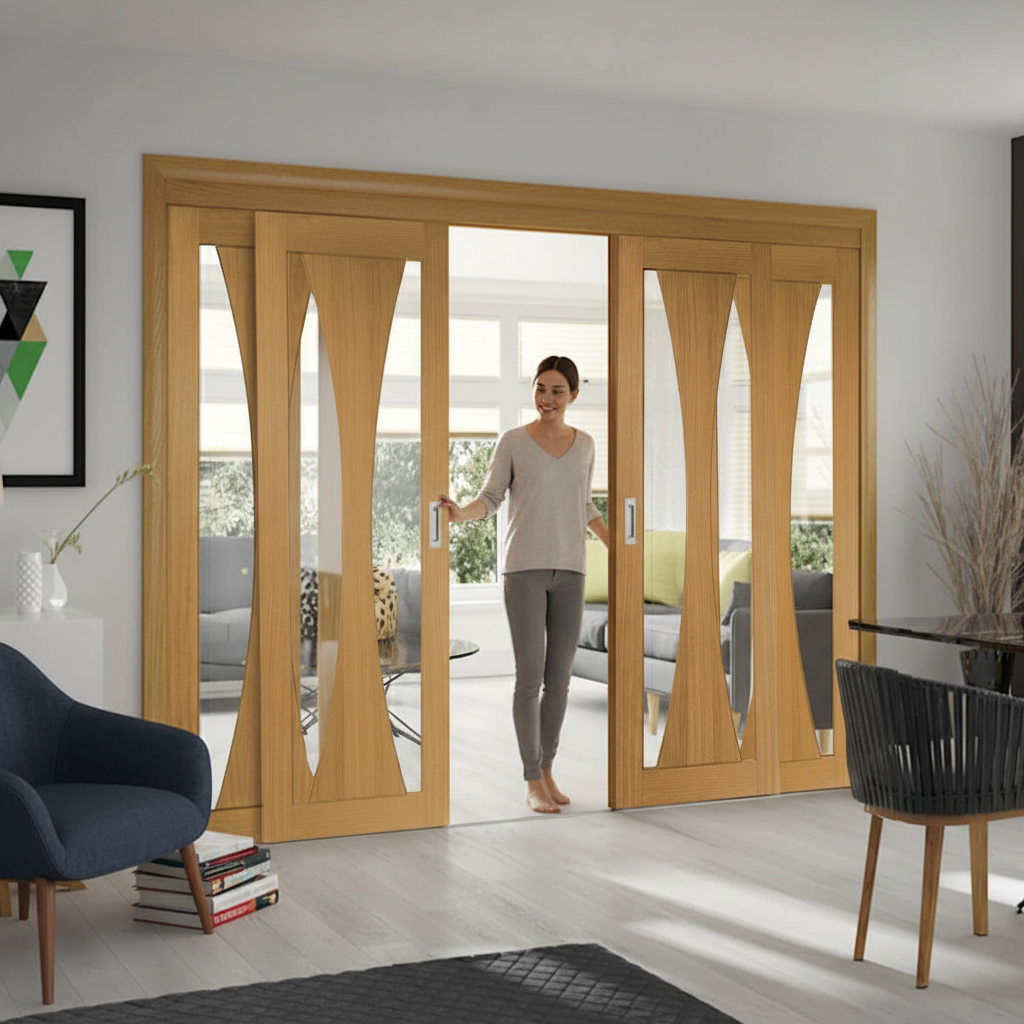 Premium Oak Sliding French Doors with Fixed End Panels - Customizable Design for Open-Plan Living