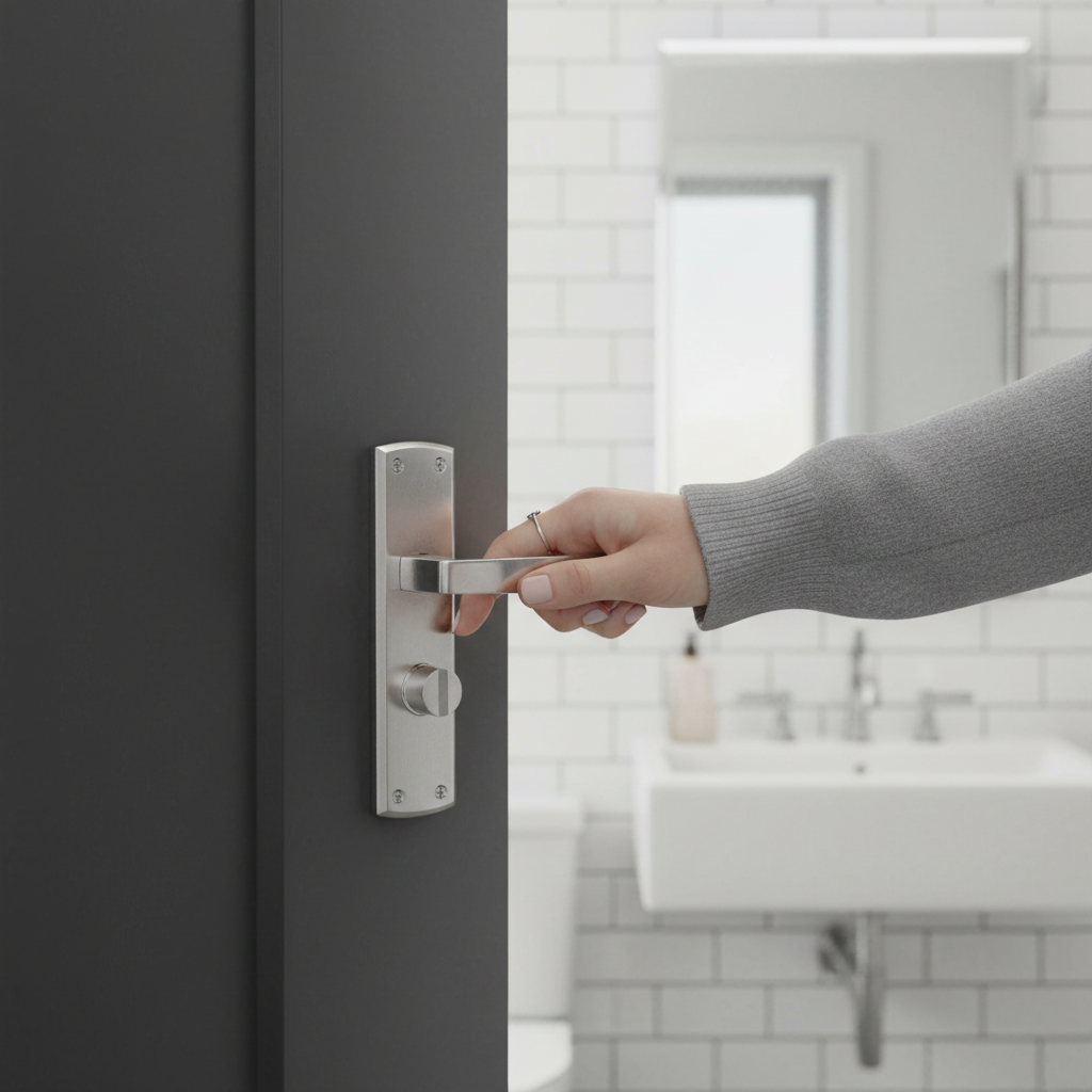 Premium Bathroom Door Handle Set with Polished and Satin Chrome Lever, Privacy Lock, and Matching Hinges for Elegant Decor