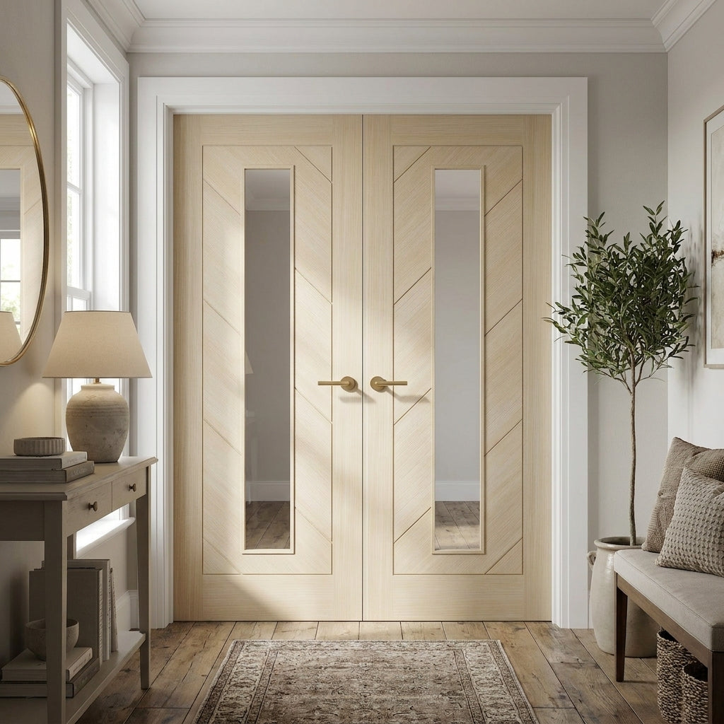 Internal Double Door in Blonde Oak with Clear Glass, Fully Finished