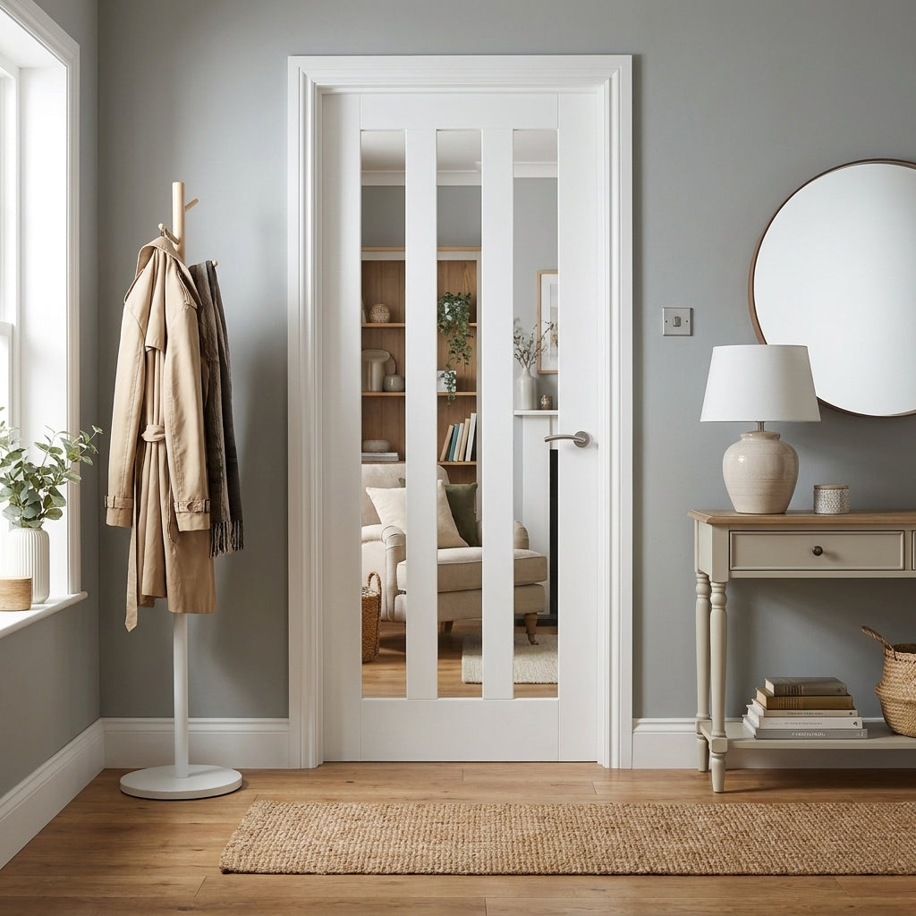 Internal White Door with Primed Finish and 3 Light Clear Glass