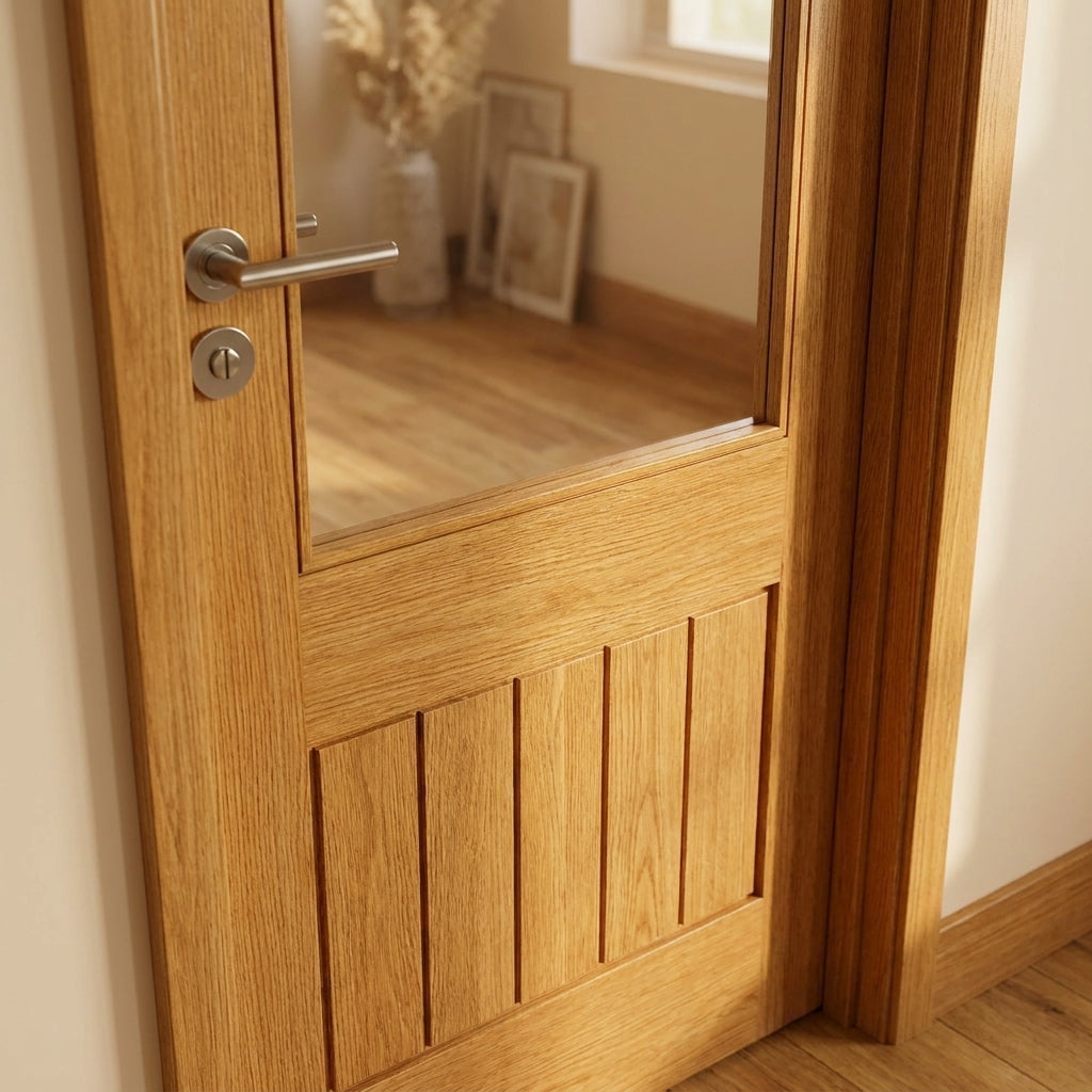 Internal Oak Door Fully Finished with 1 Panel, 1 Light Obscure Glass - detail view
