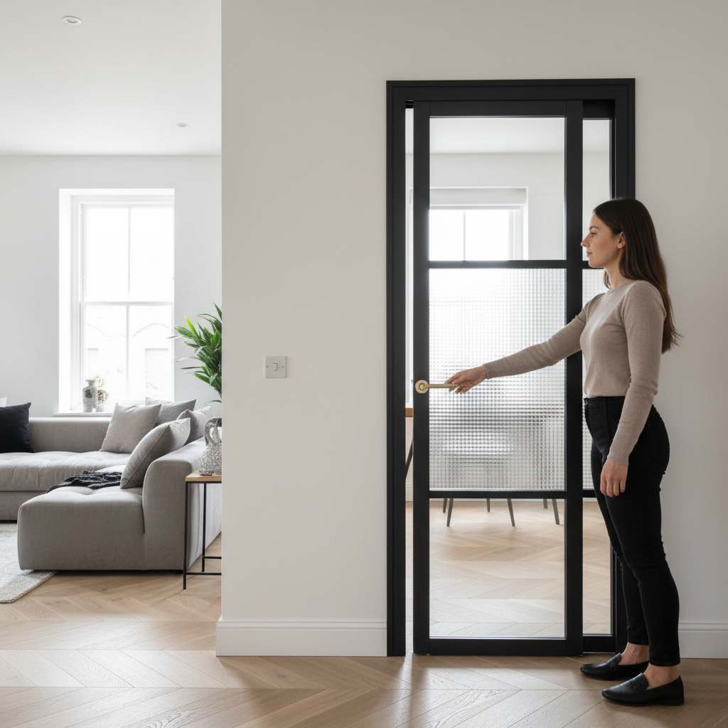 Premium Industrial-Style Reeded Glazed Pocket Door Set with Adjustable Frame for Modern Interiors